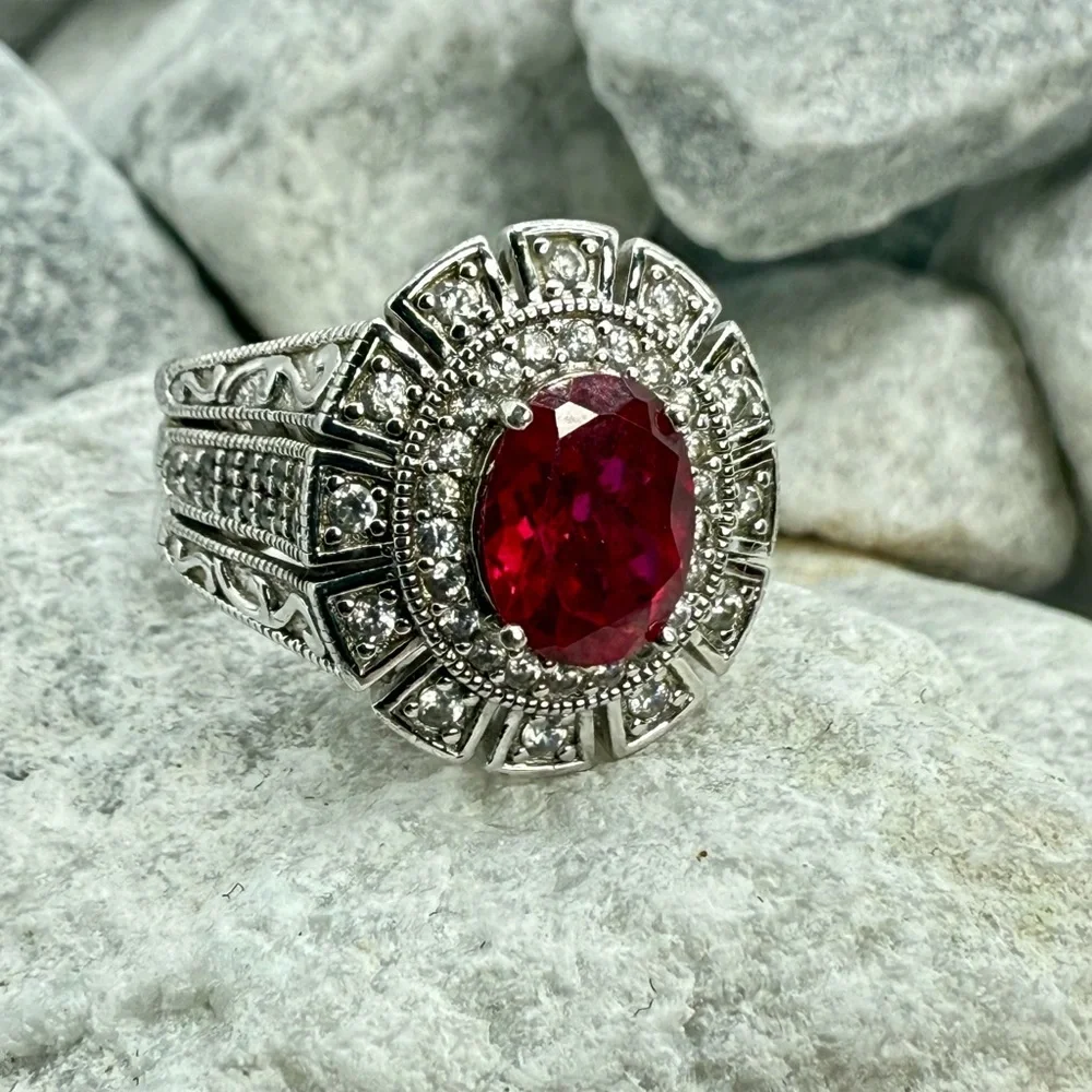 Vanna K for Bella Luce 2.80ct Ruby & Zirconia Halo Ring Sterling Silver Sz 5